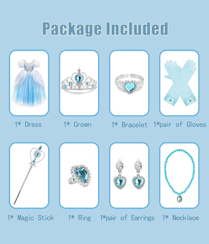 Princess Cinderella Halloween Costume with Accessories for Girls, Birthday Party Cinderella Cosplay Dress Up, Blue