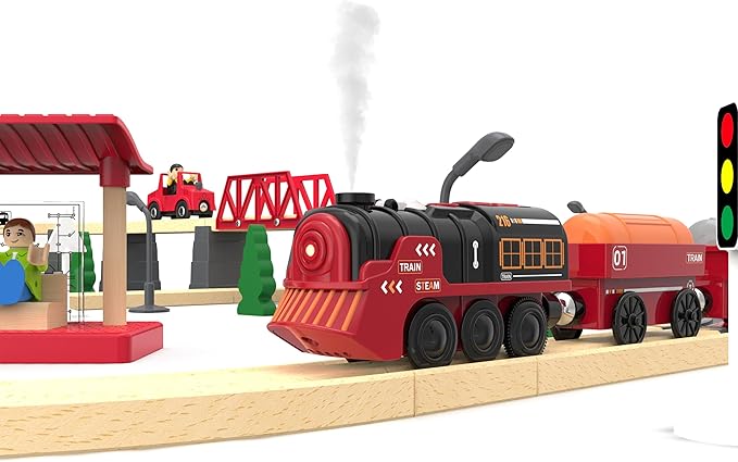 Toy Train Electric Train Set for Wooden Tracks, Christmas Motorized Train Toys for Toddlers, Battery Operated Train Includes Lights, Sounds, Smoke, Steam Train Compatible with Thomas, Brio