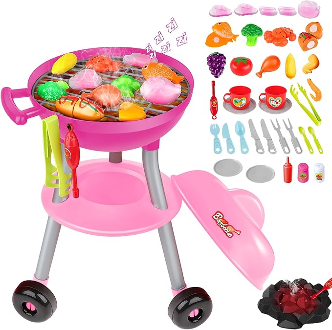 deAO Kids BBQ Grill Playset,36 Pcs Kitchen Toy with Realistic Smoke,Light,6Pcs Change Color Pretend Foods,Cutting Foods Toys,Interactive BBQ Toy Set for Kids