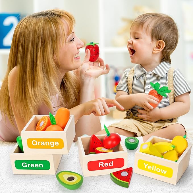 Wooden Play Food Toy Set for Kids Kitchen - 30 Pcs Montessori Cutting & Color Sorting Fake Fruit Accessories with 4 Boxes, Pretend Play Toys for Toddlers 3, Birthday Gifts for Boys Girls