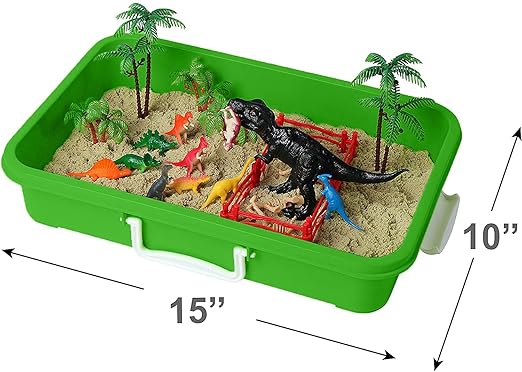 Dinosaur Play Sand Kit - Sensory Bin Sandbox, 2 Bags of Safe Sand and 34 Pieces - Feels Like Wet Sand Without The Mess - Comes with Bin, Lid, Dinosaur Figures, Dino Molds, Trees, Fences