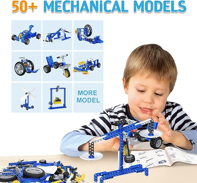 Mechanical Building Toys for Boys Age 8-12, 50 STEM Projects for Kids Ages 8-12 with 325 PCS Building Blocks, STEM Toys for 6 7 8 9 10 Year Old Boys, Science Kit Birthday Xmas Gifts for Kids 6+