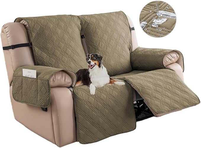 Easehomey Waterproof Loveseat Recliner Cover,Non Slip Reclining Couch Covers for 2 Seat,Dog Chair Cover Furniture Protector Washable Chair Cover with Pocket for Kids,Pets,Dogs(Khaki,2Seat)