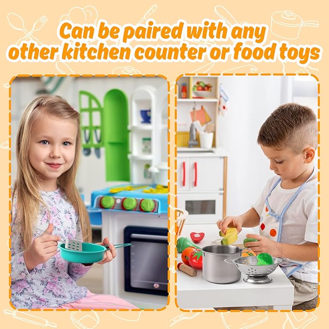 Kids Play Kitchen Toy Accessories Set Toddler Cooking Playset Colorful Stainless Steel Pots and Pans Birthday Gifts for 3+ Girls Boys (Green)