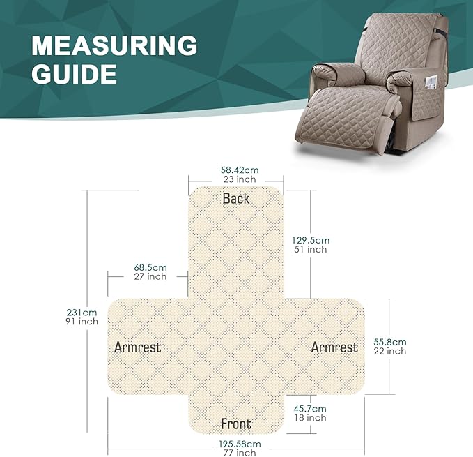 Ruaozz 100% Waterproof Recliner Chair Cover Non-Slip Reclining Cover for Recliner Chair Washable Chair Seat Cover with Elastic Straps for Kids, Dogs, Pets (Pale Brown, 23'')