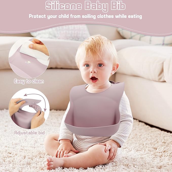 Silicone Baby Feeding Set, Baby Led Weaning Supplies, Silicone Suction Plate, Bowl, Spoons, Fork, Waterproof Bib, Cup and Food Tableware, Eating Utensils Baby Feeding Essentials for 3+ Months