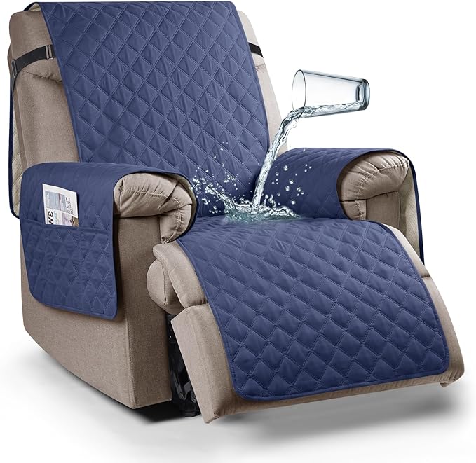 Ruaozz 100% Waterproof Recliner Chair Cover Non-Slip Reclining Cover for Recliner Chair Washable Chair Seat Cover with Elastic Straps for Kids, Dogs, Pets (Ocean Blue, 23'')