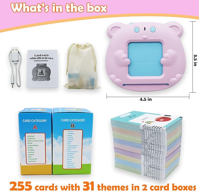 Spanish & English 510 Words Alphabet Bilingual Talking Flash Cards for 3-8 Years Toddlers, Pocket Speech Buddy Therapy Autism Toys, Educational Learning Interactive Toy for Boys Girls Kids Gifts Pink
