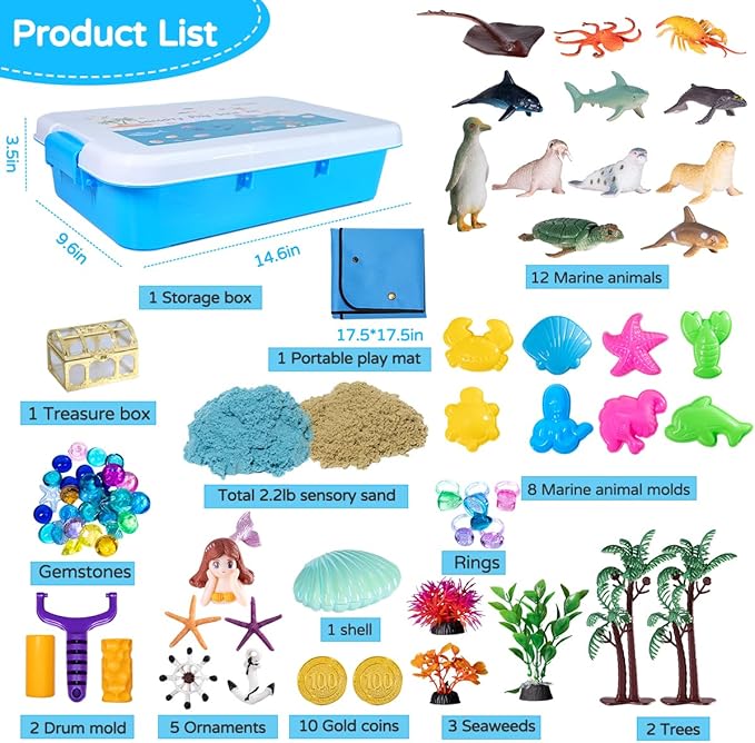 Ocean Mermaid Sensory Bin, Kids Underwater Play Sand Kit, Under The Sea Sensory Sandbox Toys with 2.2lbs Magic Sand, Sea Animals Figures, Sensory Sand Toys for Toddlers 1-3-5-7