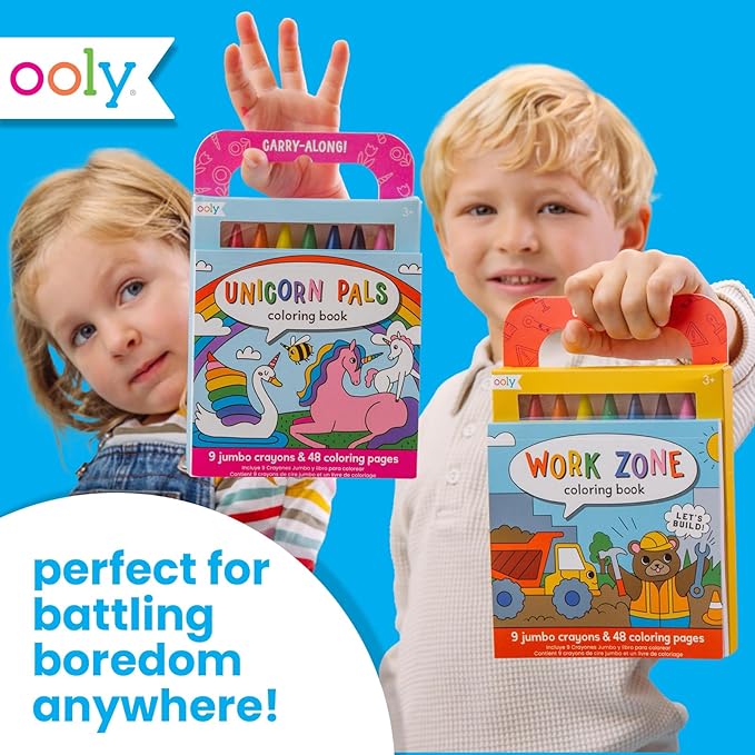 Ooly Travel Art Kit with 9 Jumbo Crayons & 48 Themed Coloring Pages & Case for Easy Traveling Art Creation, Perfect Airplane Travel Set to Entertain Kids - Work Zone