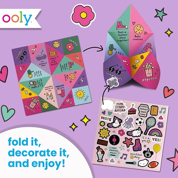 Ooly DIY Paper Kit, 24 Fortune Teller Designs & Stickers, Kit Includes 12 Completed, 6 Blank and 6 Color-in Folding Fortune Teller, Great Summer Arts & Crafts Activities