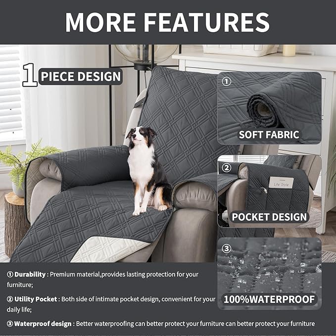 Easehomey 100% Waterproof Recliner Chair Covers, Non Slip Oversized Reclining Cover, Cover Furniture Protector Washable Chair Cover with Pocket,Elastic Straps for Kids,Pets,Dogs(Dark Gray,28")