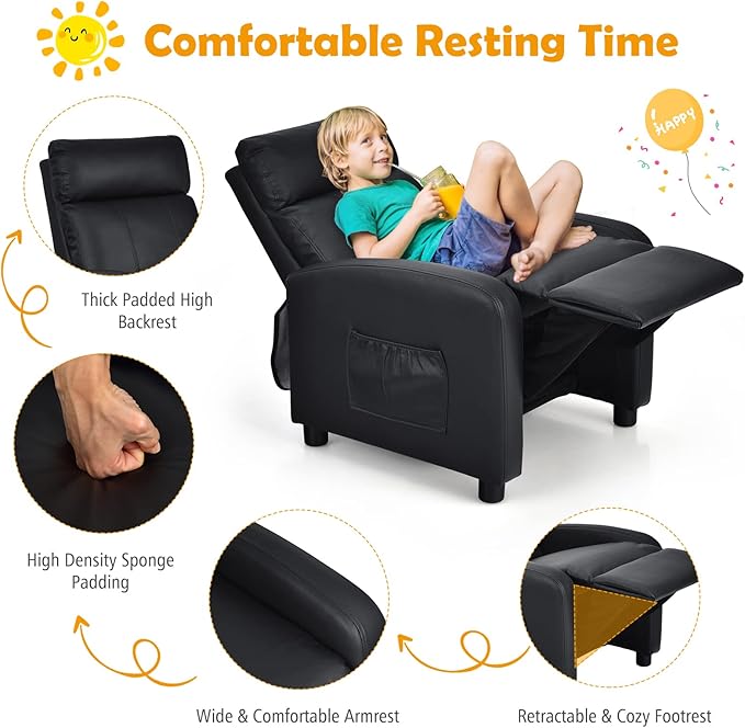Costzon Kids Recliner, Adjustable PU Leather Lounge Chair with Side Pockets, Footrest, Headrest for Kids Aged 3-12, Black