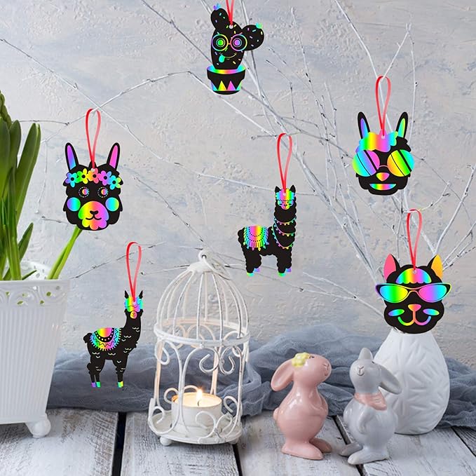 WATINC 60 pcs Alpaca Scratch Cards Art Set for Kids Adults, DIY Color Card Art Craft Kit, Llama Carnival Party Favor,Llama Themed Fun Game, 6 Styles with Ribbon Wood Stylus