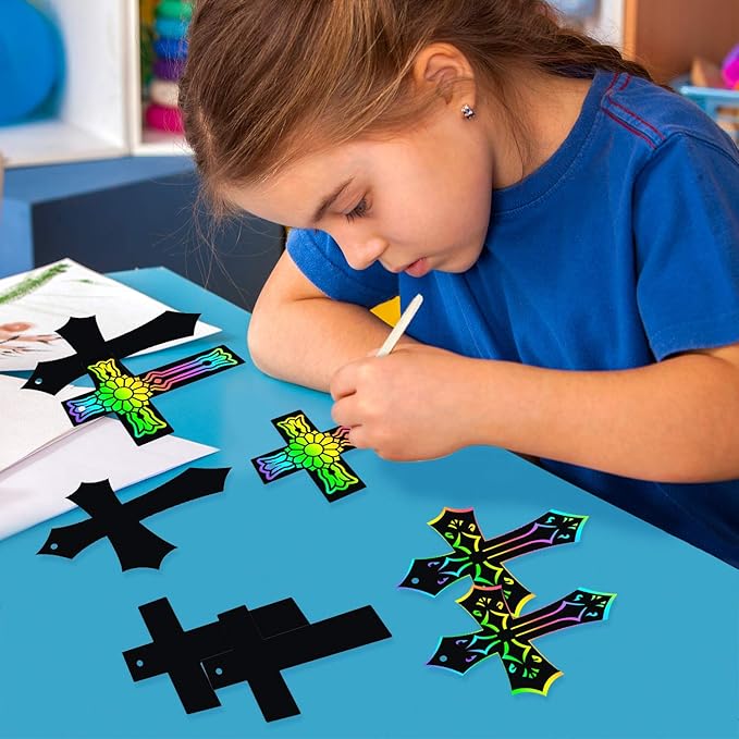 WATINC 60Pcs Scratch Cross Ornaments, Magic Art Color Craft Kit for Kids Scratch Party Favors, Scratch Paper Hanging Tags, Birthday Gifts for Kids, DIY Art Craft Kit for Boys Girls