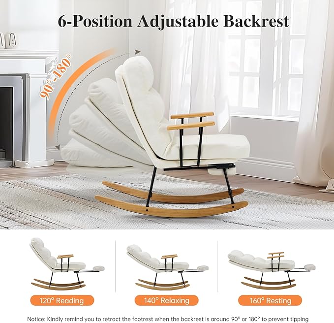 Rocking Chair with Footrest-Glider Rocker Chair with Retractable Footrest and Adjustable Backrest, Teddy Upholstered Rocking Chair Set of 2, Accent Chair for Living Room/Nursery/Bedroom/Outdoor-Beige