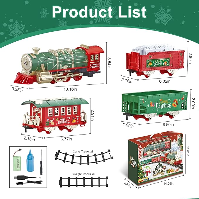 JUQU Train Set, Electric Train Set w/Smoke, Light and Xmas Sounds, Christmas Tree Train Toys w/Steam Locomotive Engine, Toddler Train Sets for Boys 4-8, for Kids Ages 3 4 5 6