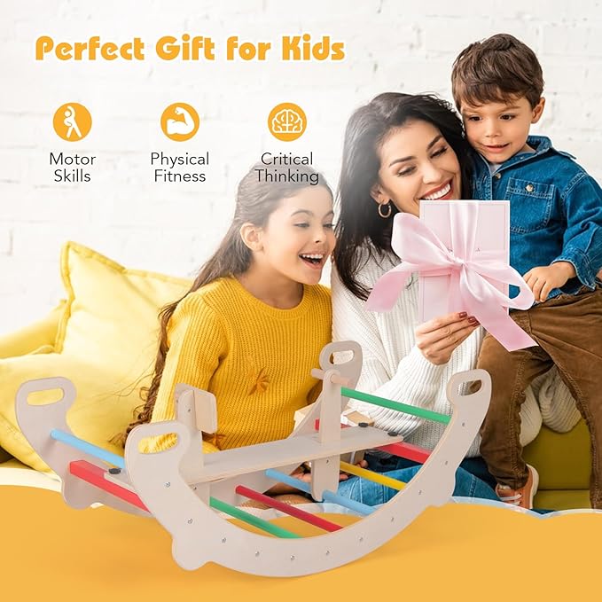 HONEY JOY Wooden Rocking Climbing Arch, 4-in-1 Montessori Kids Arch Rocker Climber Ladder for Rocking Horse, Children Indoor Outdoor Gym Learning Playset, Playground Climbing Toys for Toddlers Gift