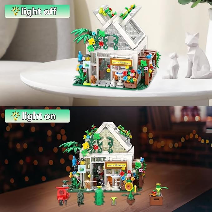 Flower House Building Blocks Set- Mini Garden Greenhouse,Flower Shop Building Kit with LED Lights,Creative Building Playset Toy,Valentines Day Gifts for Adults or Girls 6-12 Years