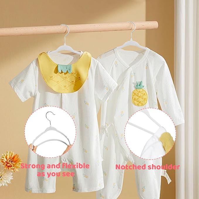 ManGotree 10.95" Baby Velvet Hangers, Non-Slip Infant Coat Hangers, Ultra-Thin Toddler Felt Hangers with 360° Swivel Hook, Space Saving Children's Hangers for Kids Clothes, 48 Pack (White)