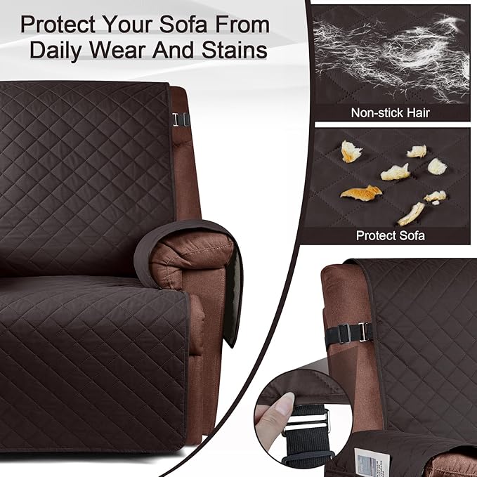KinCam 100% Waterproof Recliner Chair Cover, Reclining Couch Covers for Pets, Dogs, Recliner Couch Slipcover Furniture Protector with Elastic Straps for Kids(28", Chocolate)