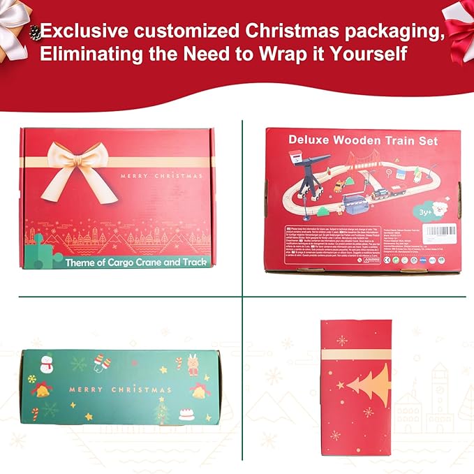 WOOD CITY Wooden Train Set for Toddler, 56 Pcs Deluxe Kids Car Toy for 2 3 4 Year Old Boy, Cargo-Themed Train Track with Tower Crane & Suspension Bridge - Fits Thomas Brio Chuggington Melissa Orbrium