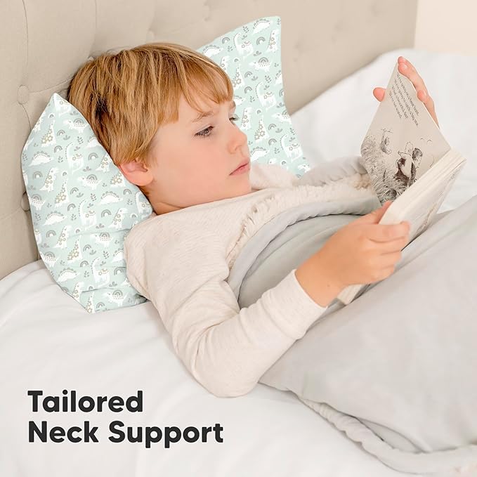 Toddler Pillow with Pillowcase - 13x18 My Little Dreamy Pillow, Organic Cotton Toddler Pillows for Sleeping, Kids Pillow, Travel Pillows, Mini Pillow, Nursery Pillow, Toddler Bed Pillow (DinoBloom)