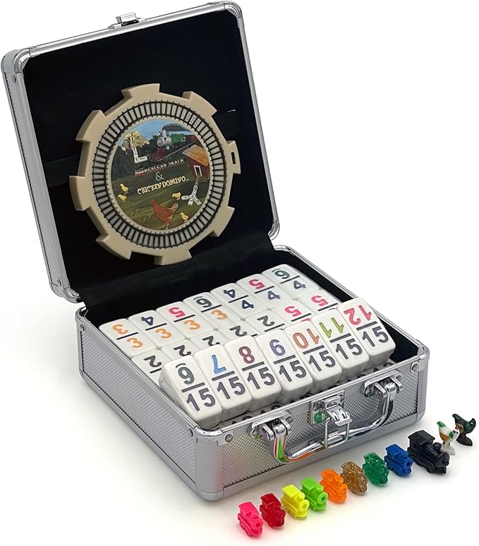 Double 15 Numeral Pro Size Mexican Train & Chicken Domino Set in Aluminum Case
