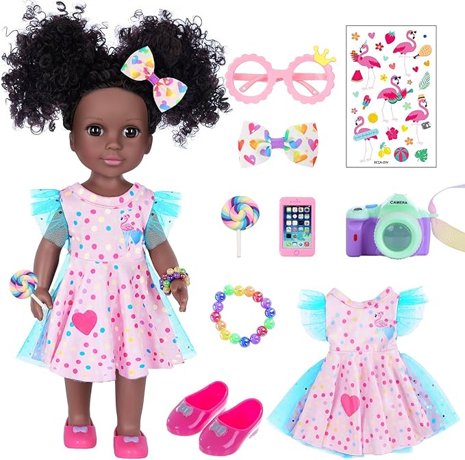 Black Dolls 14.5 Inch Baby Girl Doll with Clothes and Accessories,African Girl Baby Doll Gift for Girls Kids with Doll Pink Flamingo Theme Dress,Camera,Sunglasses Etc