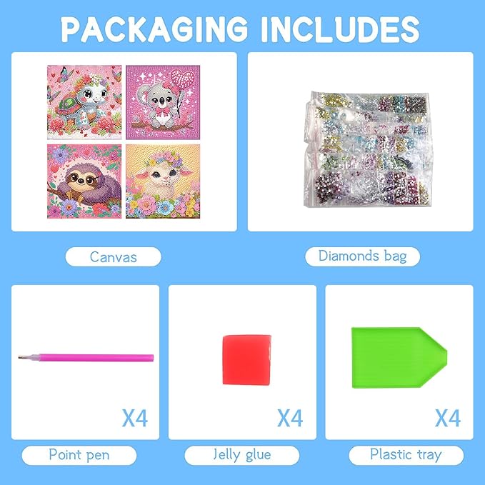 FQOVKYN 4Pcs 5D Cute Animals Diamond Art Kits for Kids, DIY Diamond Art Painting Mosaic Kits for Adults Beginner, Full Drill Small Diamond Gem Art and Craft for Kids Age 8-12 (15 * 15cm)