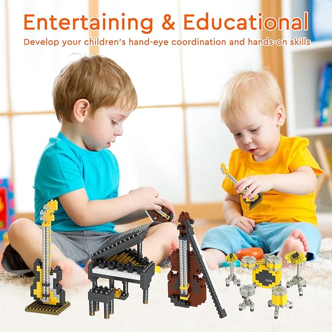 Mini Music Building Blocks Musical Instruments Sets Toys 4 Packs for Party Favors for Kids, Micro Mini Blocks Bricks Kit Electric Bass,Drum Kit,Violin,Grand Piano Goodie Bags,Prizes,Birthday Gifts