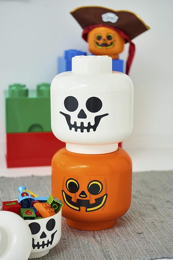 Room Copenhagen, LEGO Storage Heads Stackable Storage Container - Buildable Organizational Bins for Kid’s Toys and Accessories - 6.30 x 6.30 x 7.28in - Small, Pumpkin, Holds 250 Bricks