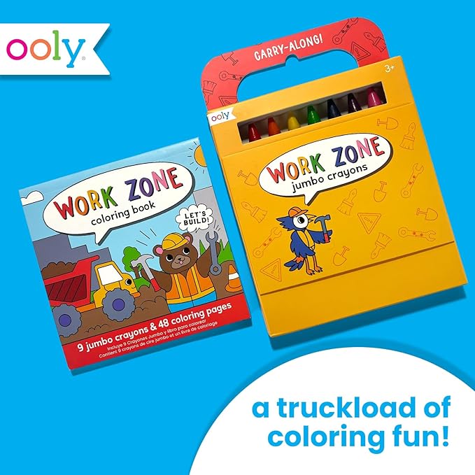 Ooly Travel Art Kit with 9 Jumbo Crayons & 48 Themed Coloring Pages & Case for Easy Traveling Art Creation, Perfect Airplane Travel Set to Entertain Kids - Work Zone
