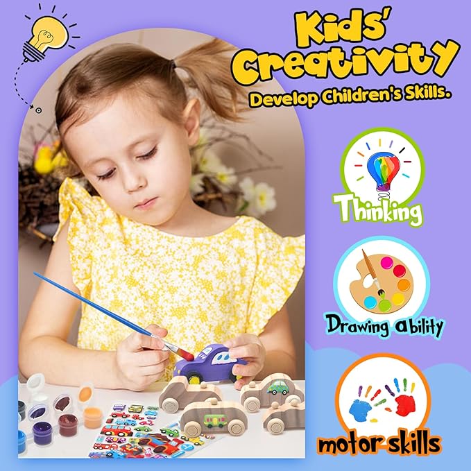 Wooden Cars,Come with 18 Pcs Unfinished Wooden Cars to Paint for Kids and 1set Paint Colors, 2 pcs Wooden Car Sticker