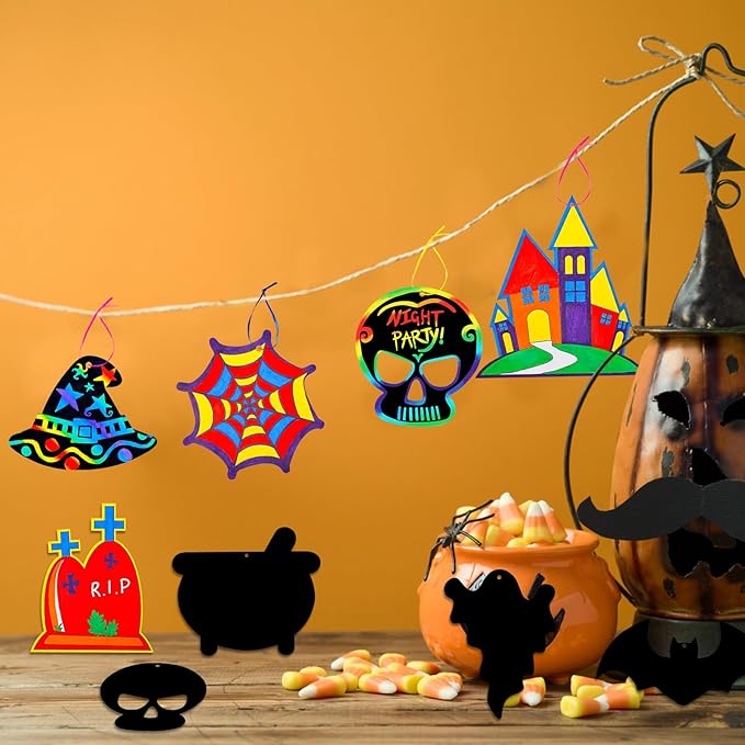 Max Fun Halloween Craft Scratch Paper Art for Kids Party Games Ornaments 96PCS Magic Rainbow Scratch Off Cards Paper Hanging Educational Toys Kit Halloween Party Supplies Birthday Gift