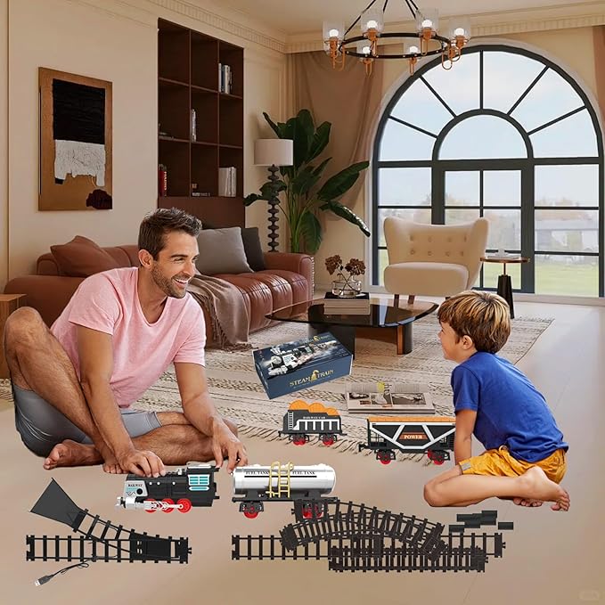 Electric Train Set Christmas Train Toys w/Smokes,Lights& Sound (ON/Off) Kids Rechargeable Train Set w/Steam Locomotive, Cargo Cars & Tracks Christmas Birthday Gift for Boys Girls 3 4 5 6 7