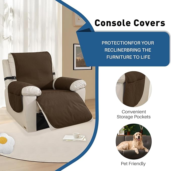 Easehomey Waterproof Large Recliner Chair Cover, Non-Slip Recliner Cover with Two Pockets Elastic Band Slip Covers for Recliners with Arms Washable Reclining Chair Cover for Kids,Pets (Coffee, 28")