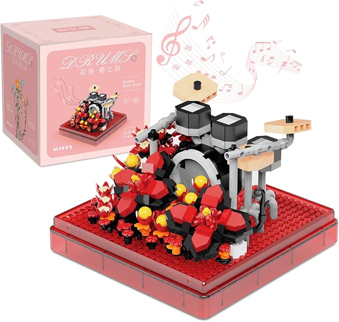 Drums Mini Building Block Sets with Colorful Flower Decor, Micro Building Sets with Dust Cover,Gift for Girl,Lover,Mother, Home Office Decor Kit Suit for Kids and Adult Aged 8+(Drums)