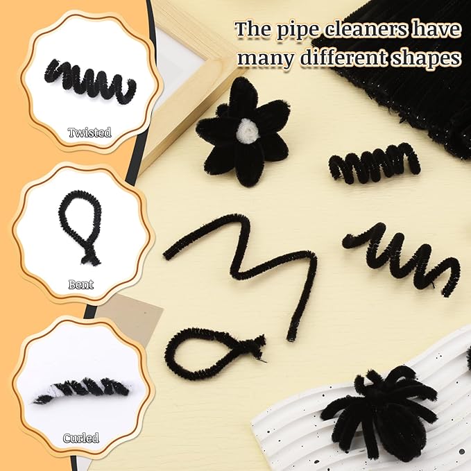 Zlulary 300 PCS Black Pipe Cleaners, Pipe Cleaners for Hair, Pipe Cleaner Crafts Fluff Fuzzy Stick Pipe Cleaners Bulk for Wig Weaving DIY Halloween Decorations