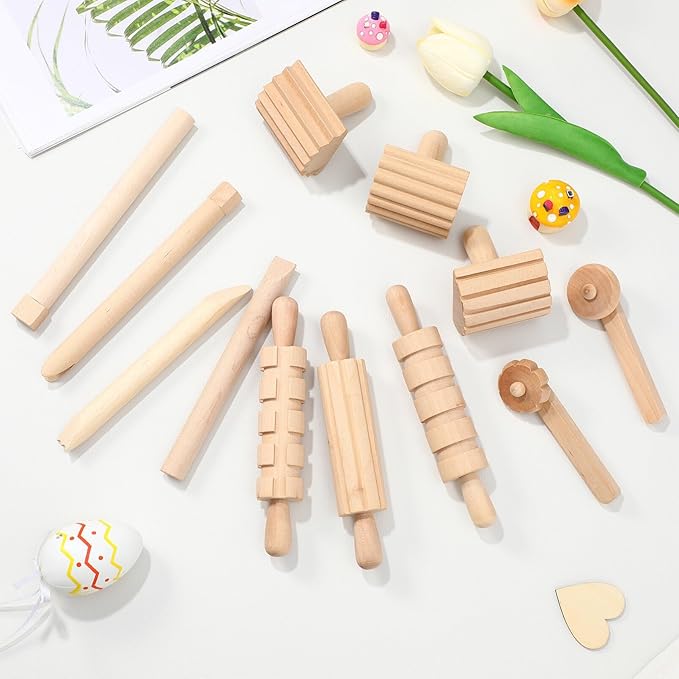 NUOBESTY Wooden Clay and Tools Kids Tool Set Wood Pottery Tools Stamps Molding Clay for Art DIY Crafts Wooden Clay Stamp Wooden Handle Pottery Tools