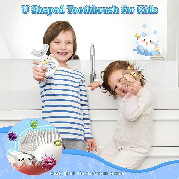 Toddler U Shape Toothbrushes for Baby Age 1 2 3 4 5, 360° Oral Teeth Cleaning Design with Food Grade Soft Silicone Brush (White&Brown)