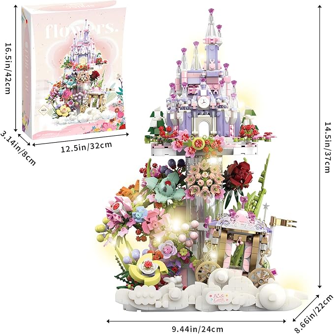 Garden Castle Building Blocks Kit with Led Lighting Flowers for Adults and Kids (1892 Pieces)
