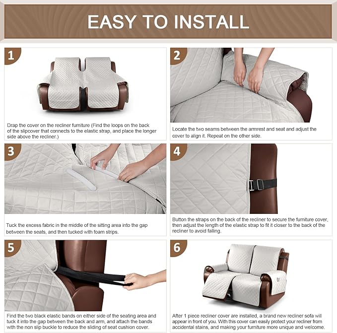 KinCam Waterproof Oversized Loveseat Recliner Cover, Non-Slip Reclining Couch Covers for 2 Seat, Recliner Sofa Cover Furniture Protector with Elastic Straps for Kids, Pets, Beige