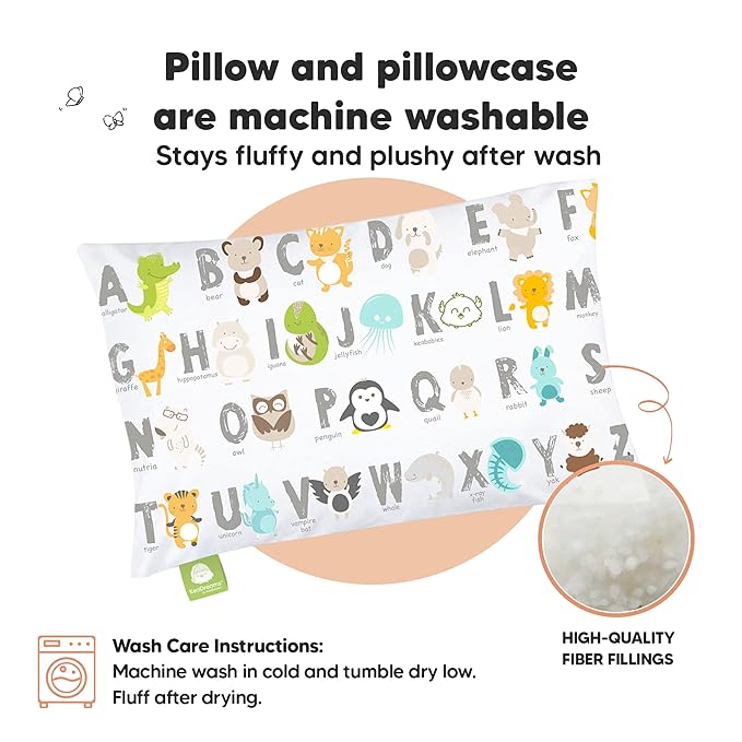 Toddler Pillow with Pillowcase - 13x18 My Little Dreamy Pillow, Organic Cotton Toddler Pillows for Sleeping, Kids Pillow, Travel Pillows, Mini Pillow, Nursery Pillow, Toddler Bed Pillow (KeaABC)