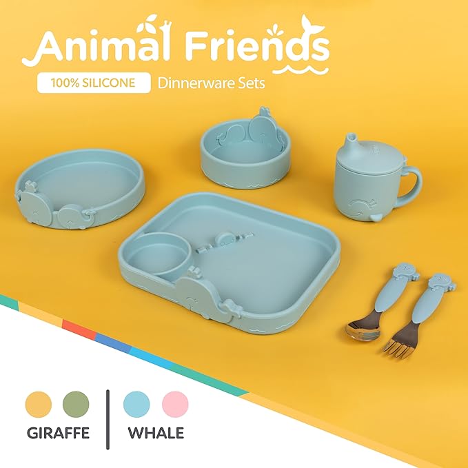 Nuby Animal Friend Silicone Round Plate - Toddler Plate - 6+ Months - Blue Whale Plate