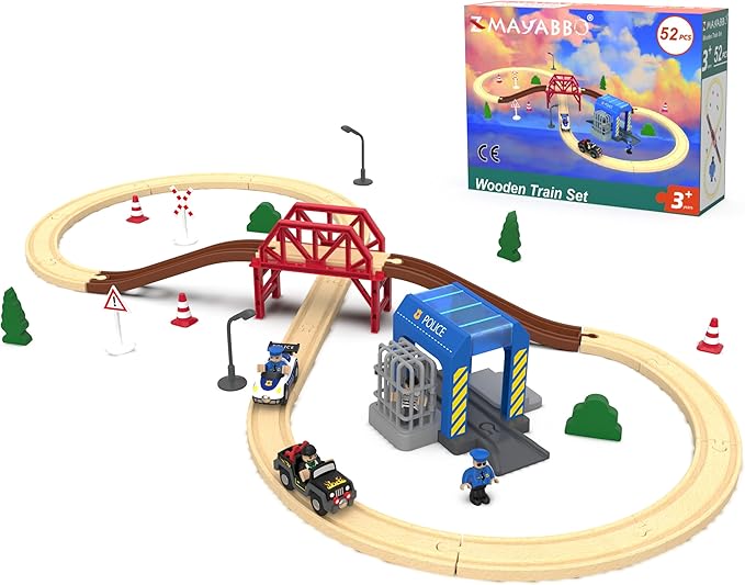 Wooden Train Set for Toddlers, 52Pcs Train Toy with Railway Track for Kids, Wooden Train Tracks Include Expansion Pack Compatible with Thomas, Brio, Chuggington