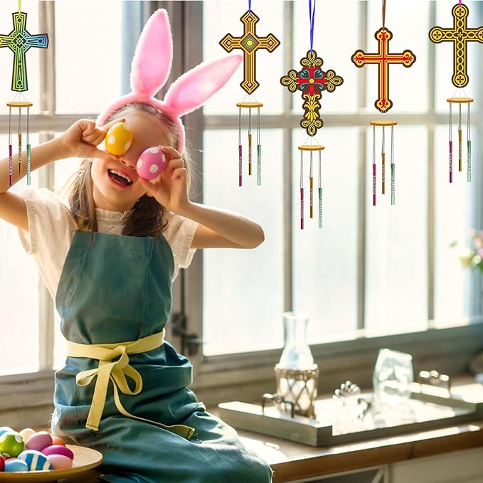 Fennoral 9 Pack Cross Wind Chime Kit for Kids Make You Own Sunday School Craft for Girls Boys DIY Coloring Wooden Christian Crafts for Religious Art Party Decoration Birthday Gift