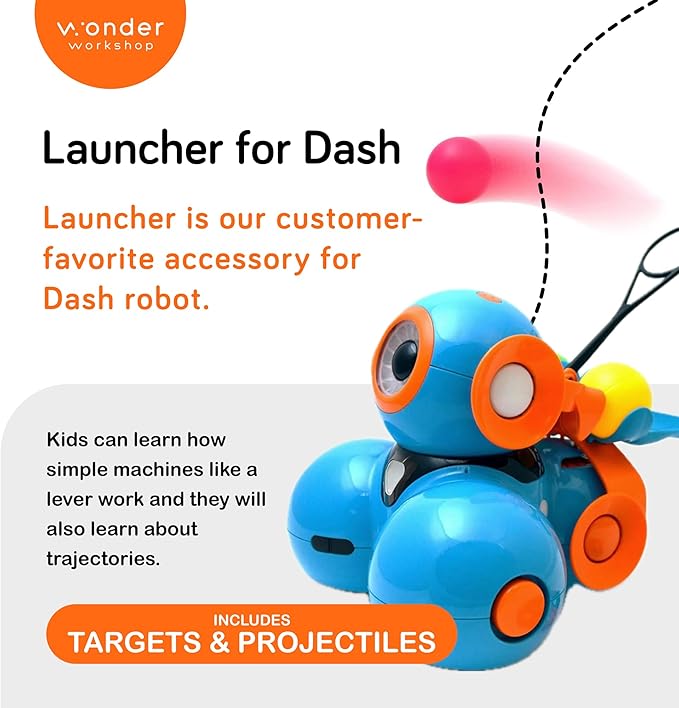 Wonder Workshop Launcher Accessory for Dash Robot – Turn Dash Robot into a Projectile Launcher– Fun Accessory for STEM Robot Toys for Kids 6+