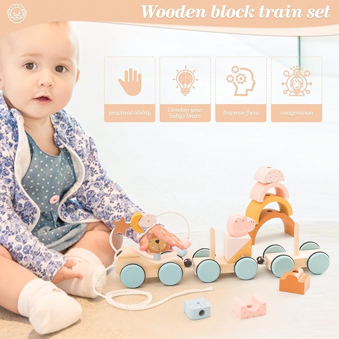 Wooden Train Toys Set Wooden Stacking Train for Toddler Animal Train Toy Montessori Toys for 1 2 3 Boy Girl Christmas Birthday Gift