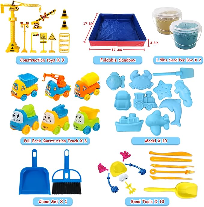 ESSENSON Play Construction Sand Kit - 3lbs Sand with 2 Colors, 6 Mini Construction Trucks, Construction Toys and Signs, Animal Mold, Modeling Tools, Foldable Sandbox, Gifts for Boys Girls